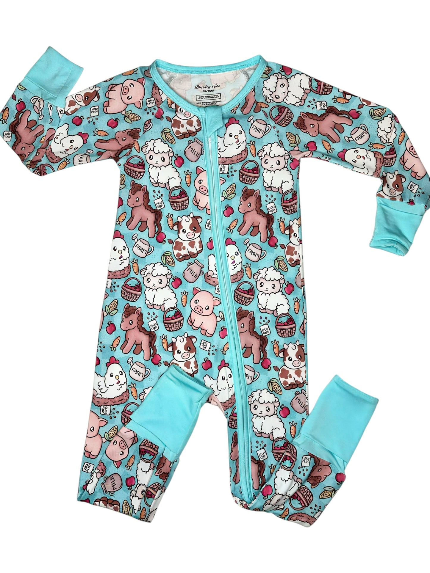 Children's onesie with animal pattern on a white background