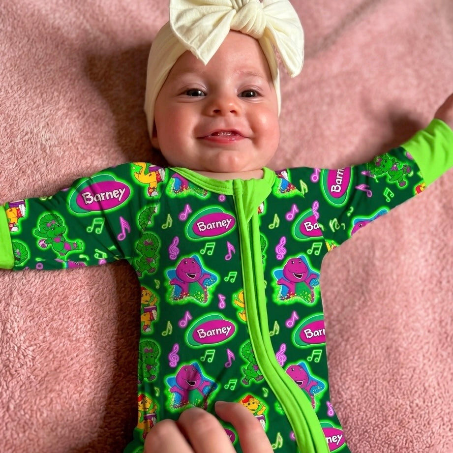 Purple Dinosaur Bamboo Romper (Pre Order with expected delivery August 2026)