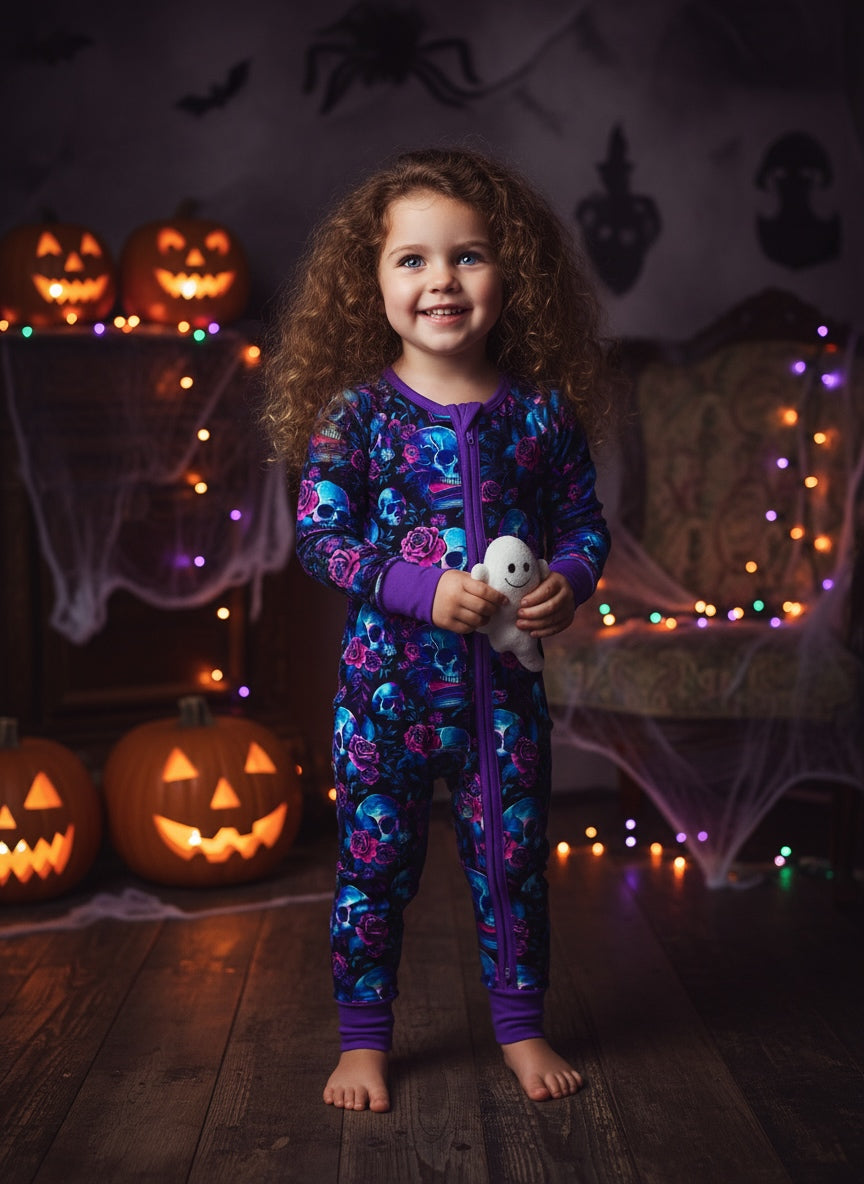 Child in Halloween-themed room with pumpkins and decorations