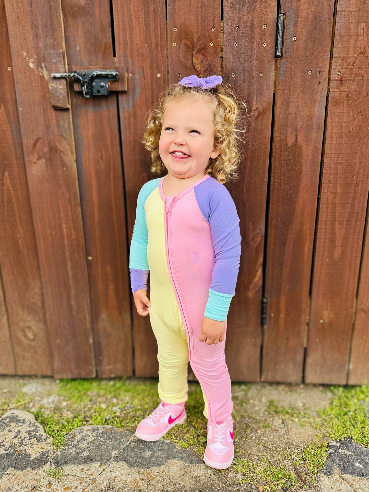 Color Block Yellow & Pink Bamboo Romper with double-sided zipper.