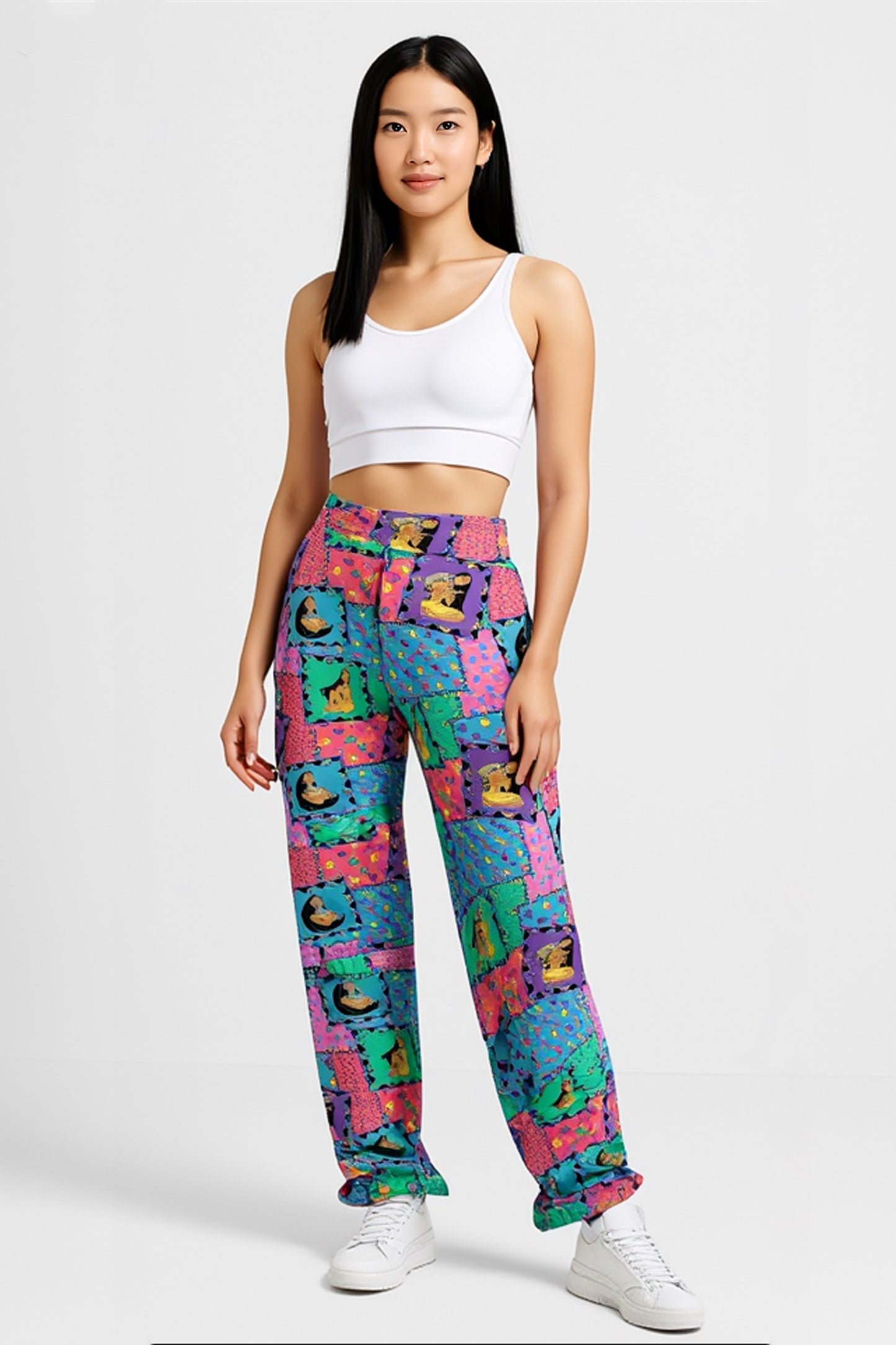 Woman wearing colorful patterned pants on a white background