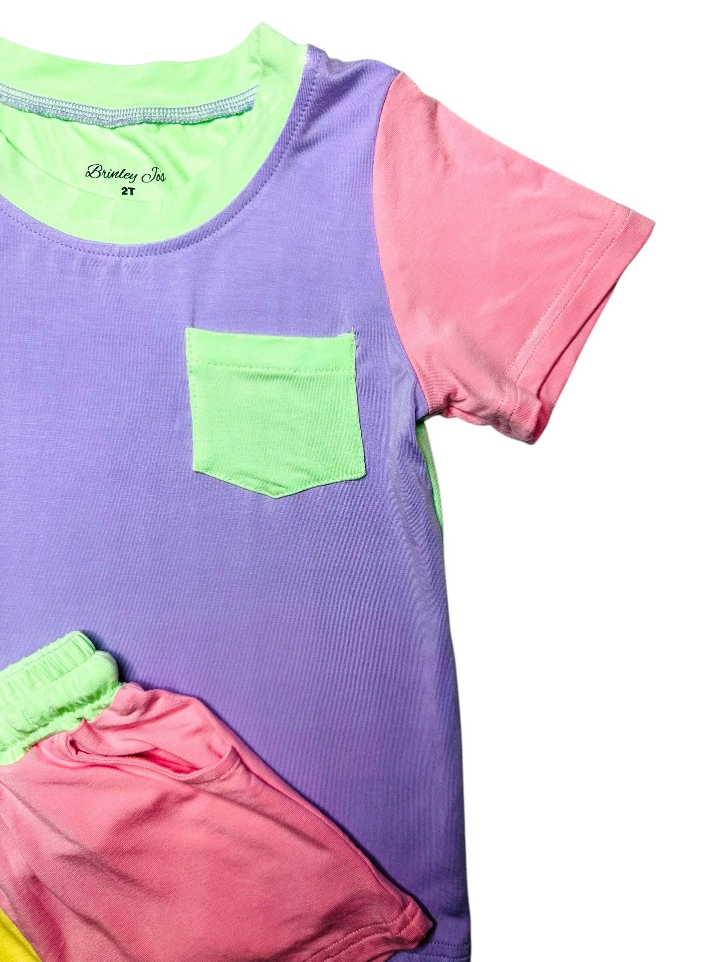 Color Block Purple & Green Bamboo Pocket Tee & Short Set