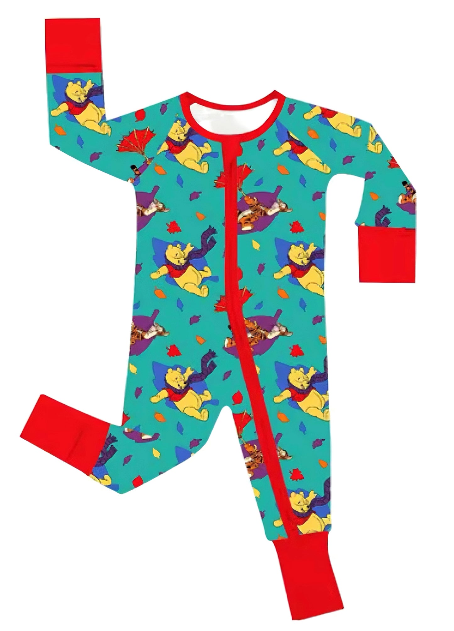 Children's onesie with cartoon character pattern on a white background