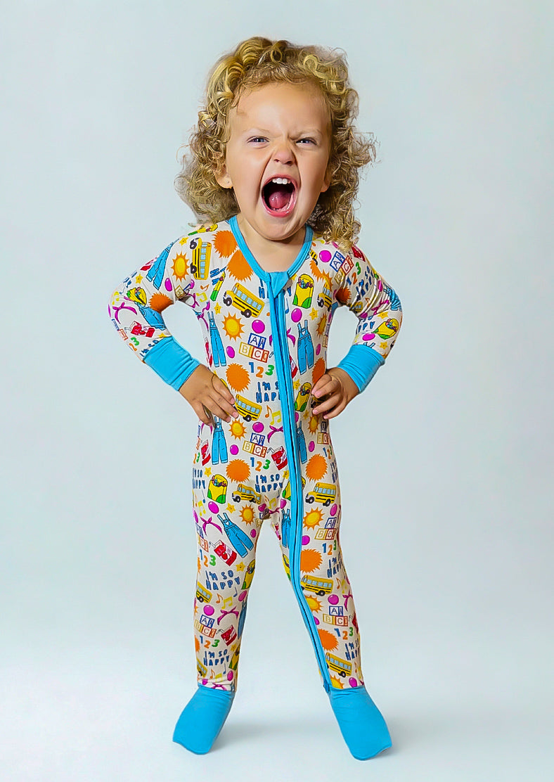 Learning is Fun Bamboo Romper with colorful educational design and double-sided zipper.