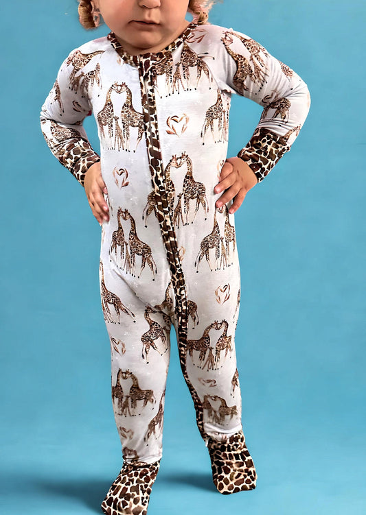 Love you Long Time Bamboo Romper with giraffe print and dual-sided zipper.