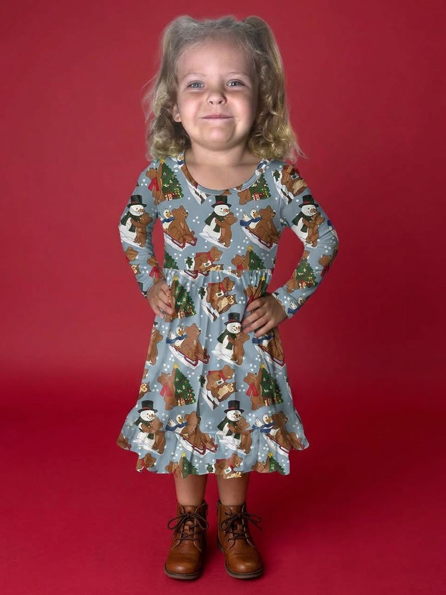 Beary Snow Day Bamboo Twirl Dress (Pre order with expected arrival time end of November)