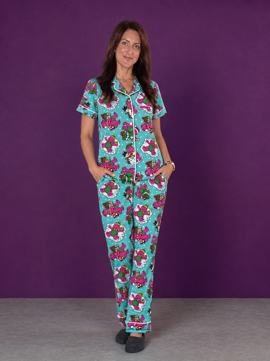 Dino-Mite Snow Day Adult Bamboo Button Up Top and Pants Pajamas Set (Pre Order with expected delivery end of November)