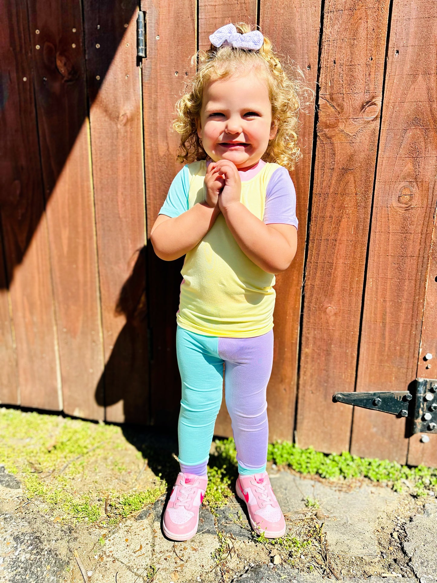 Color Block Pink & Yellow Short Sleeve Bamboo Two Piece Set