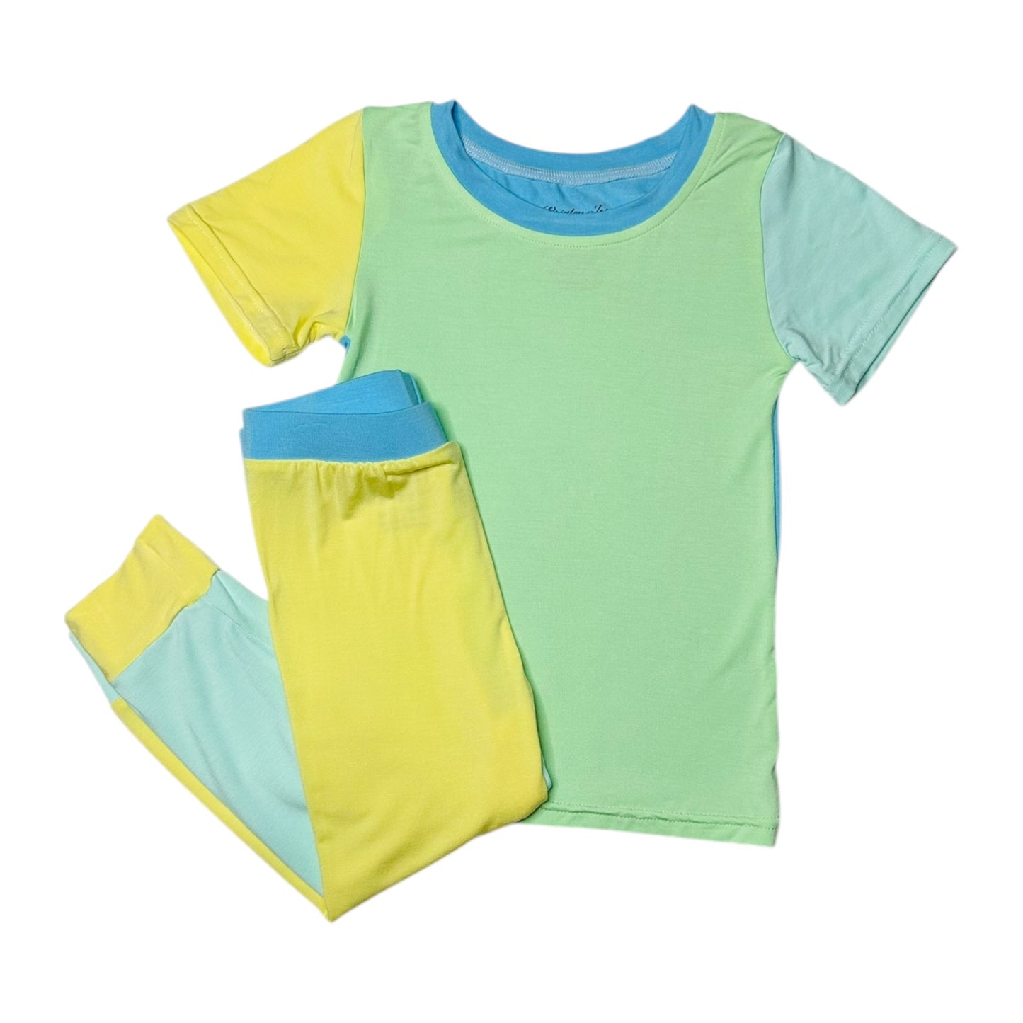 Color Block Green & Blue Short Sleeve Bamboo Two Piece Set