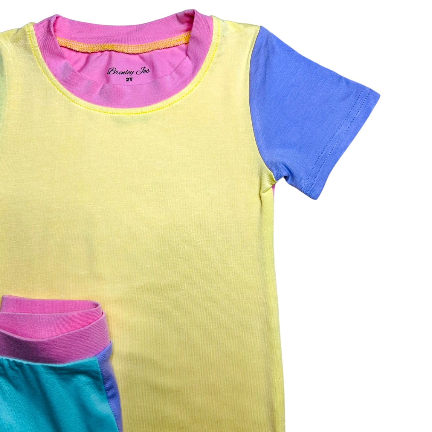 Color Block Pink & Yellow Short Sleeve Bamboo Two Piece Set