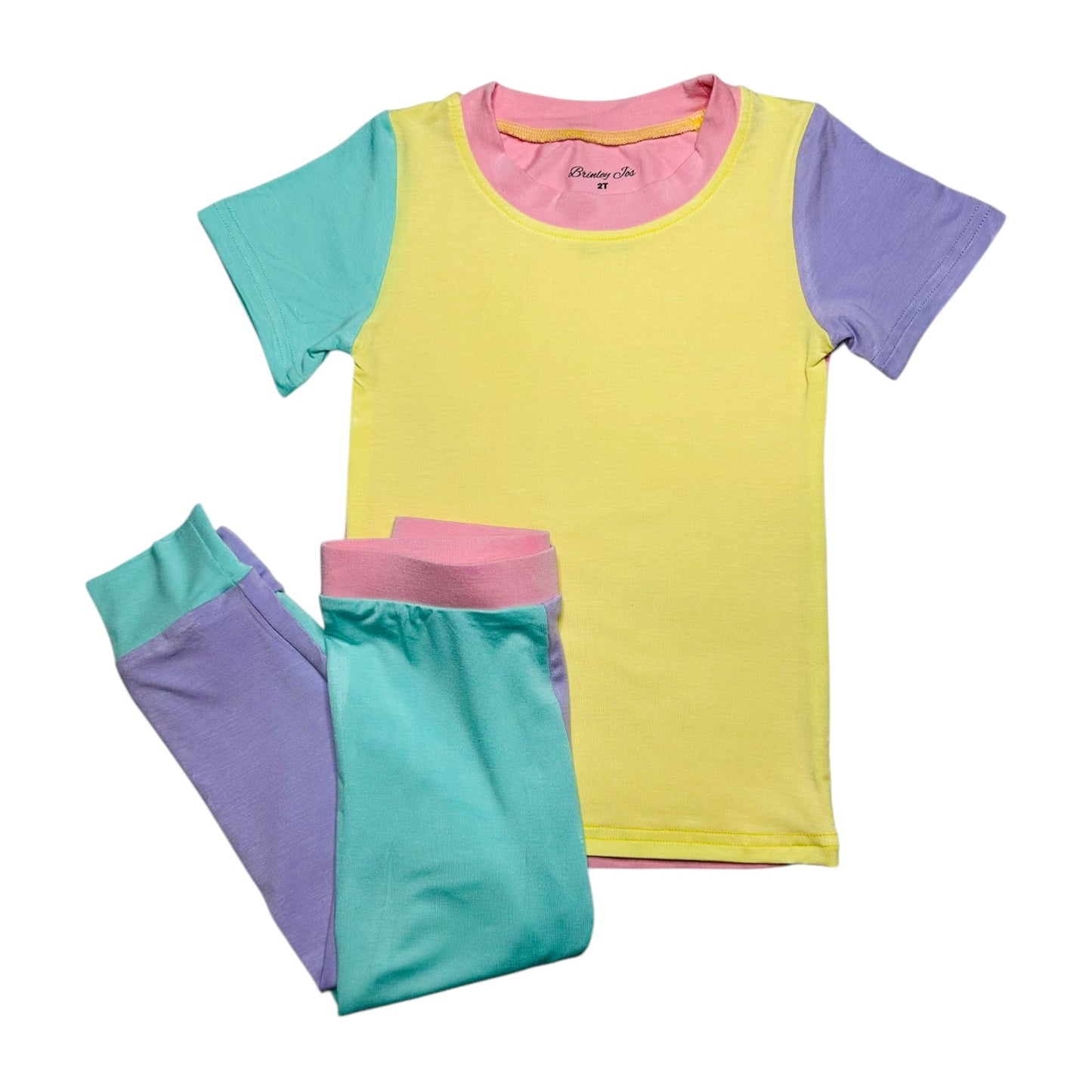 Color Block Pink & Yellow Short Sleeve Bamboo Two Piece Set