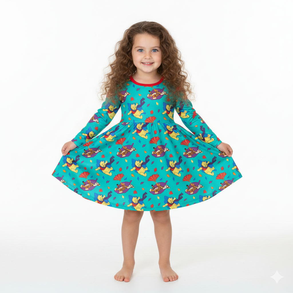 Young girl wearing a colorful dress with a pattern on a white background