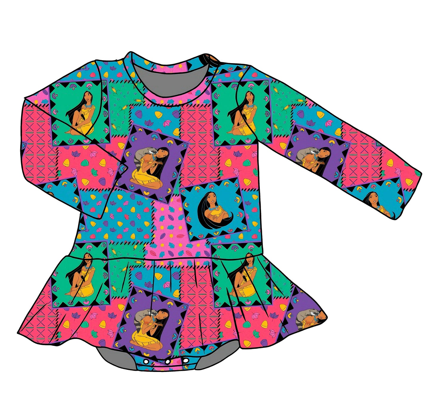 Colorful dress with patterned design on a white background
