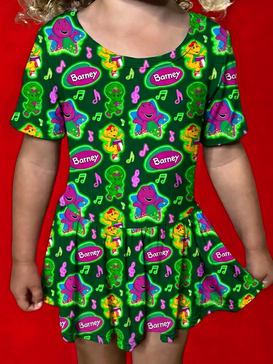 Purple Dinosaur Bamboo Twirl Dress with snaps (Pre Order with expected arrival August 2026)