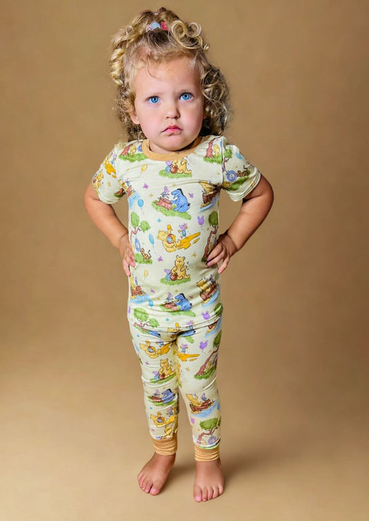 Woodland Friends Bamboo two-piece pajama set for children, featuring whimsical nature-themed prints.