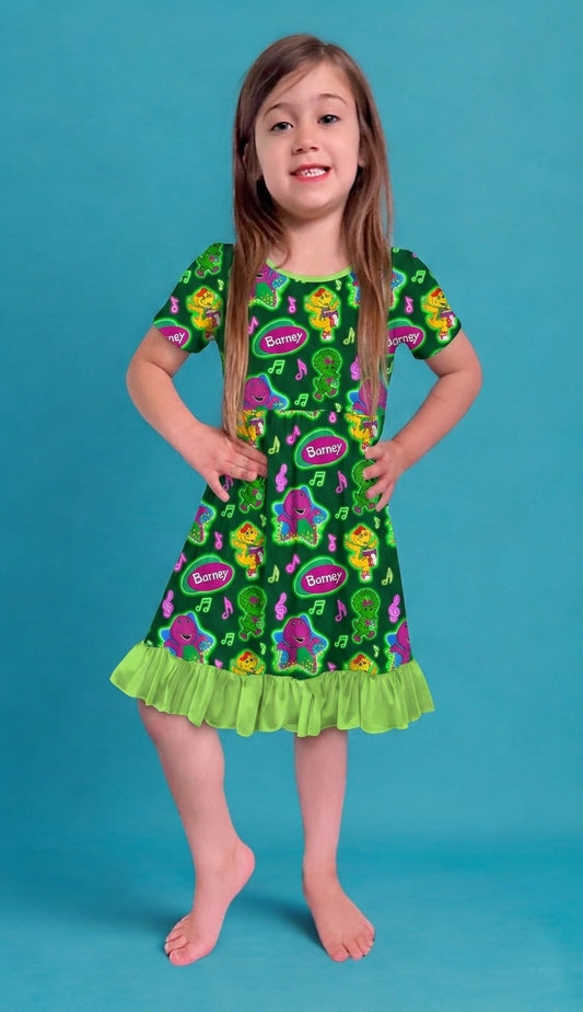 Purple Dinosaur Bamboo Twirl Dress (Pre Order with expected arrival August 2026)