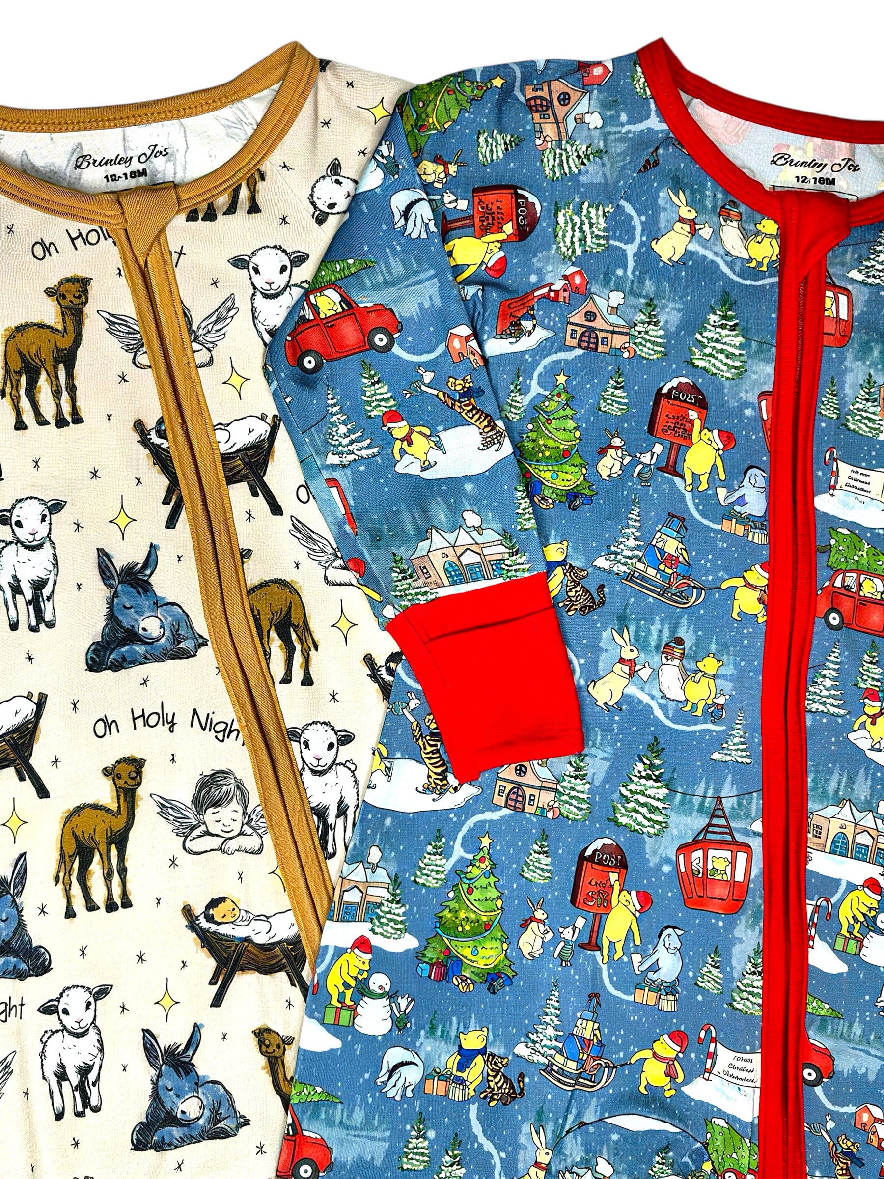 Two pairs of pajama sets with different patterns on a white background.