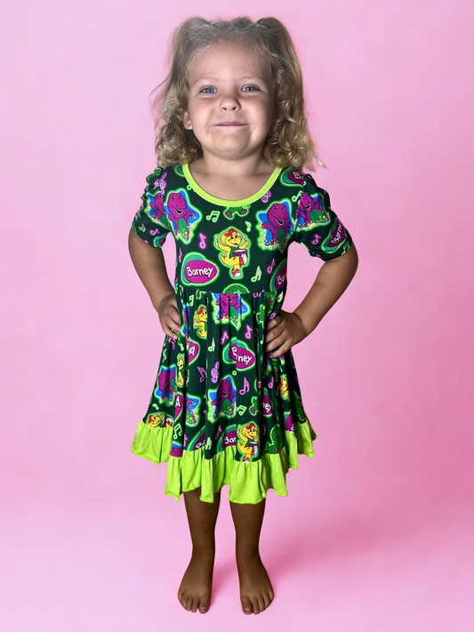 Purple Dinosaur Bamboo Twirl Dress