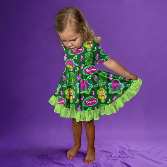 Purple Dinosaur Bamboo Twirl Dress (Pre Order with expected arrival August 2026)
