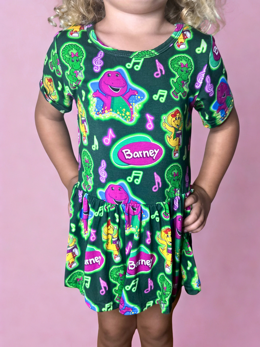 Purple Dinosaur Bamboo Twirl Dress with snaps