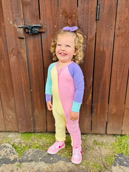 Color Block Yellow & Pink Bamboo Romper with double-sided zipper.