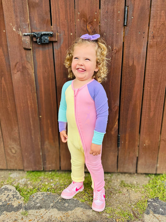 Color Block Yellow & Pink Bamboo Romper with double-sided zipper.