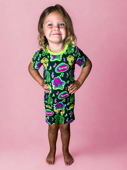Purple Dinosaur Bamboo Two Piece Short Sleeve and Shorts Pajama Set