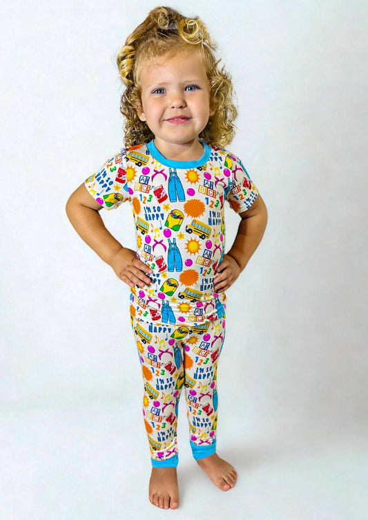 Learning is Fun Bamboo Two Piece Pajama Set for kids with colorful design.