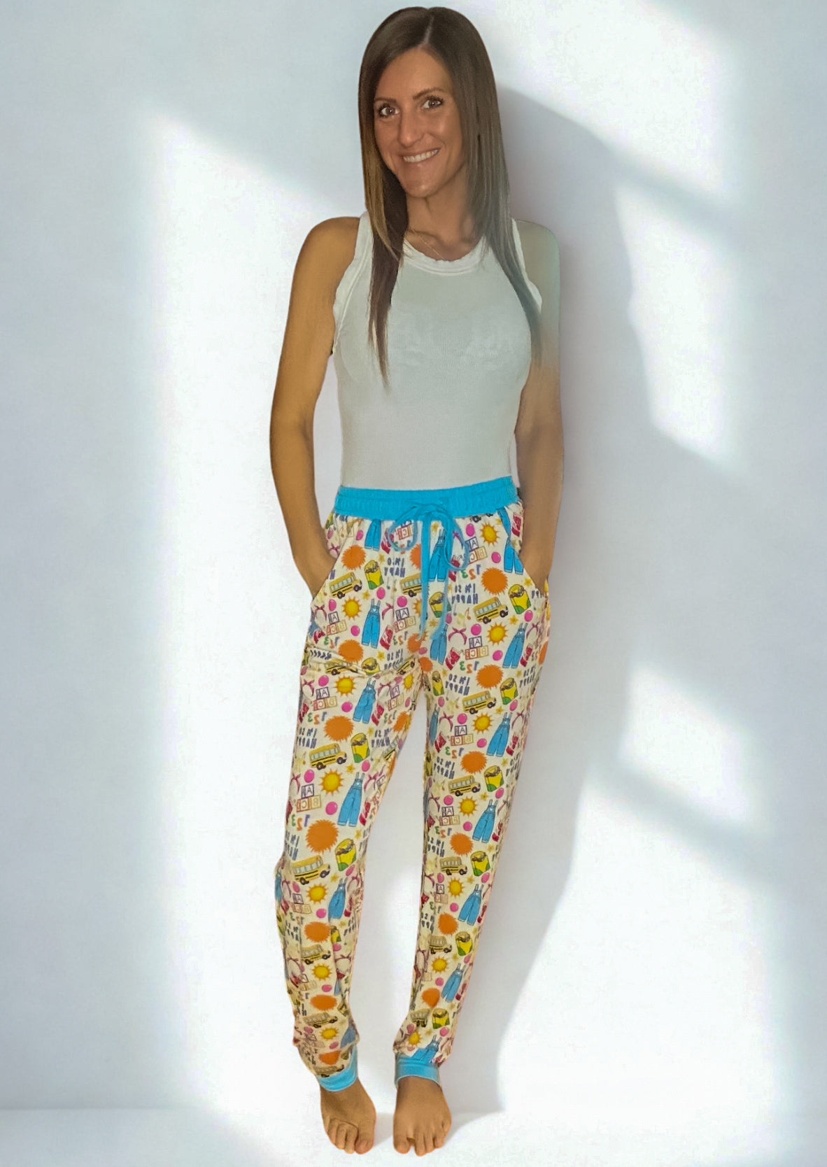 Bamboo adult joggers with playful design, featuring drawstring, pockets, and a comfortable fit.