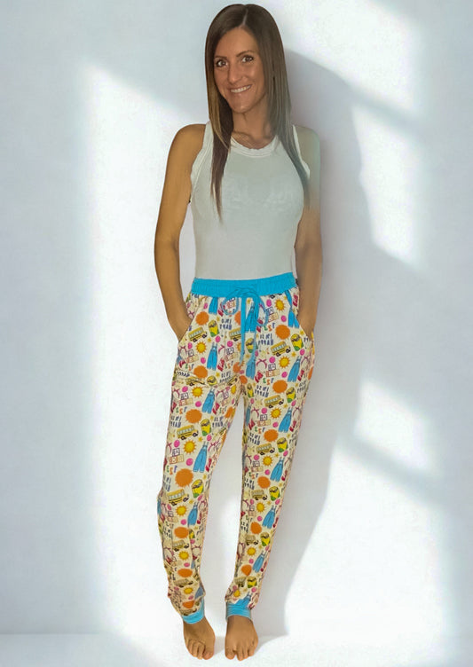 Bamboo adult joggers with playful design, featuring drawstring, pockets, and a comfortable fit.
