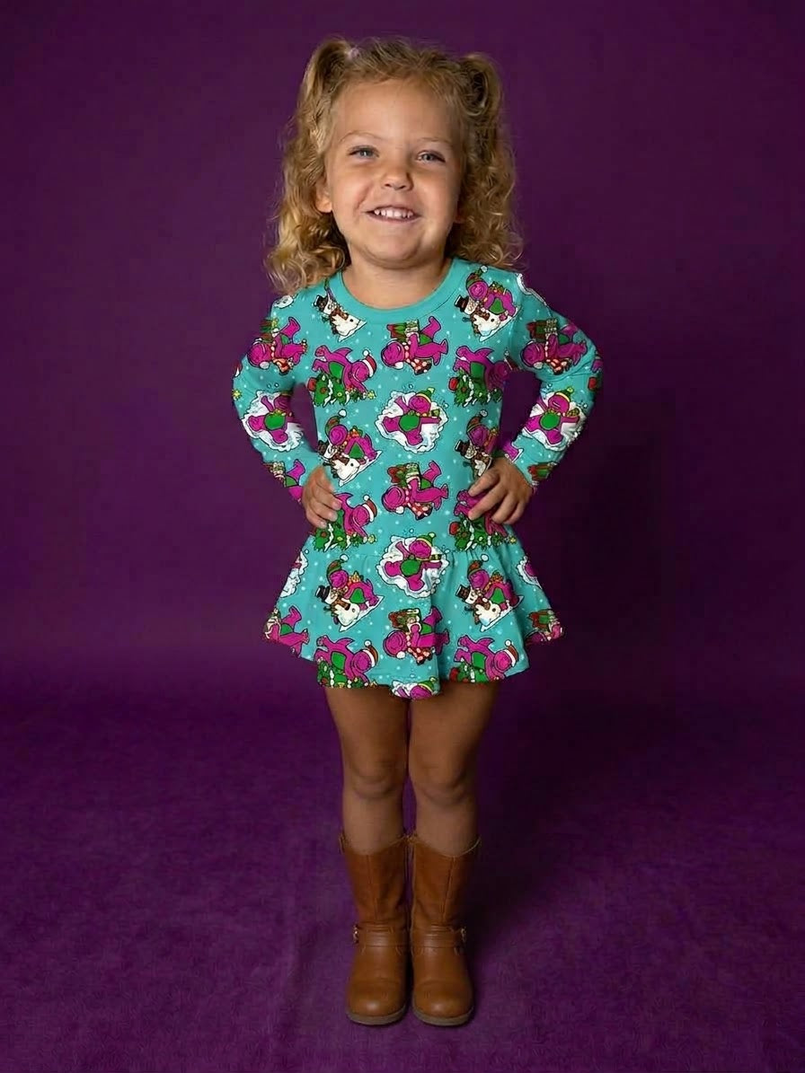 Dino-Mite Snow Day Bamboo Twirl Dress with snaps (Pre order with expected arrival end of November)