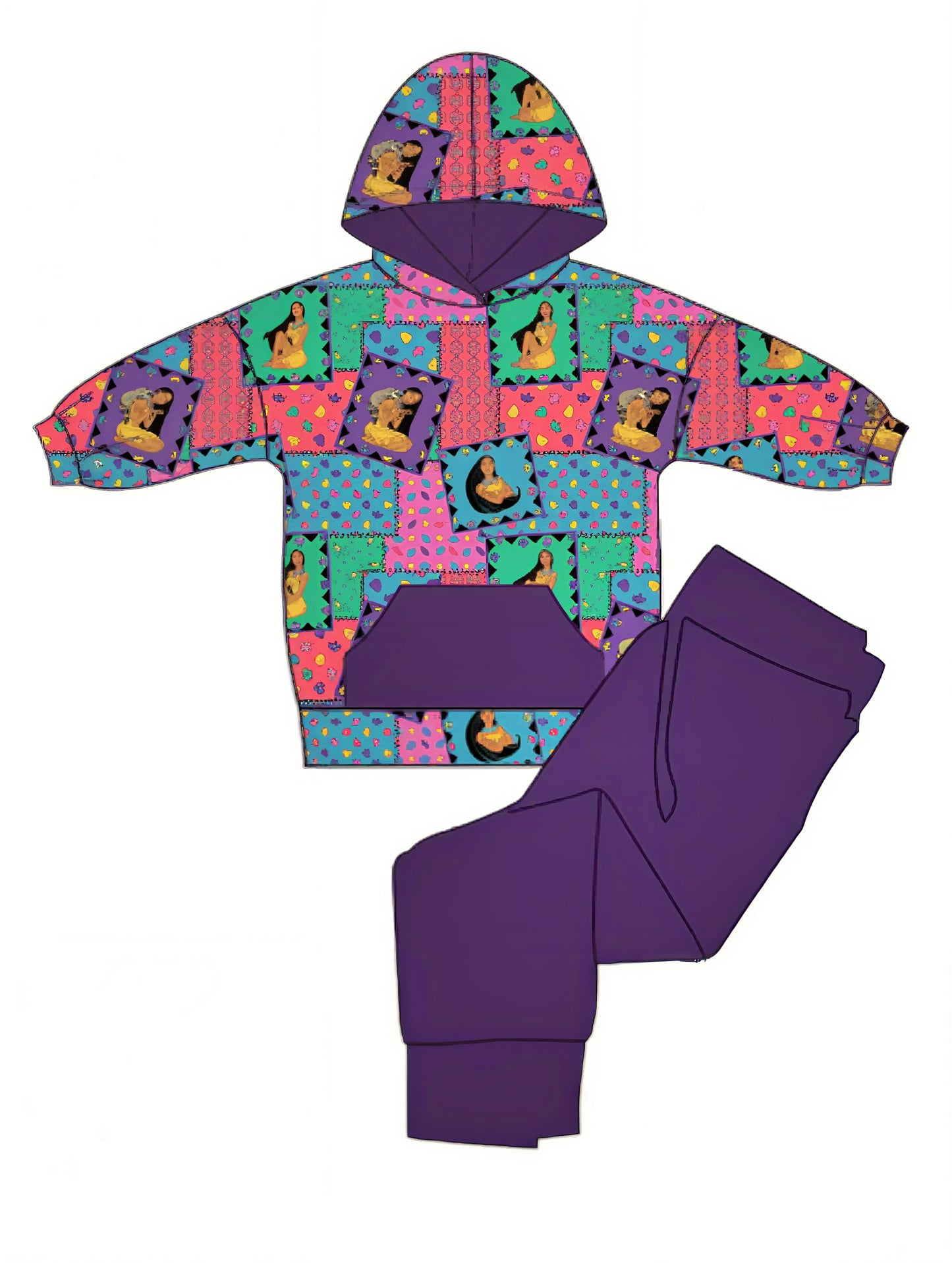 Colorful hoodie with patterned design and matching pants on a white background