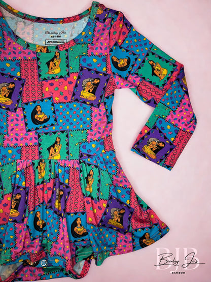Retro Remix Bamboo Long Sleeve Twirl Dress with snaps