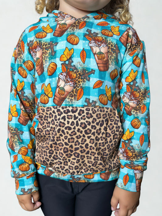 Fall bamboo hoodie with cheetah print, leaves, pumpkins, coffee and a blue plaid background.