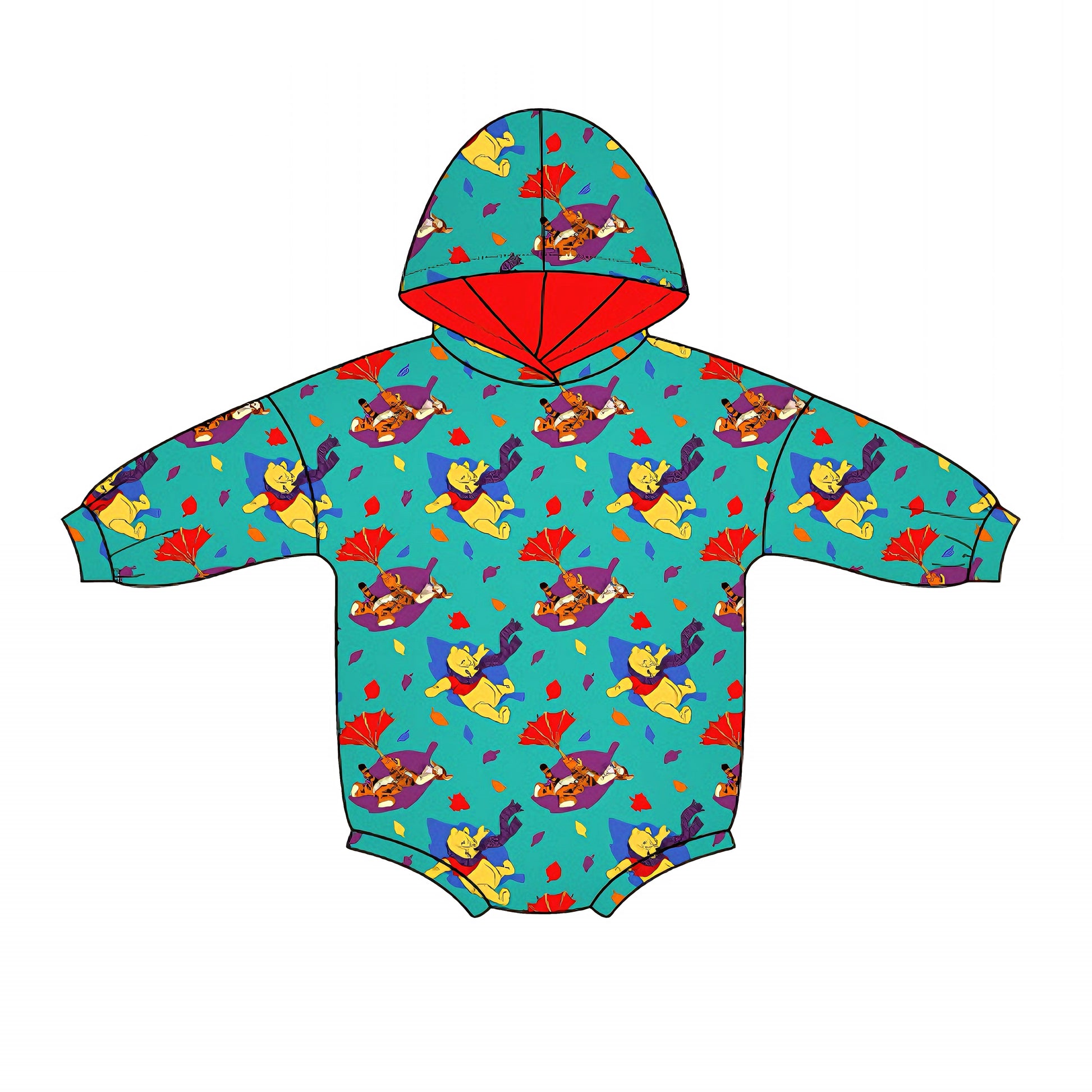 Colorful baby bamboo hooded romper with a pattern on a white background
