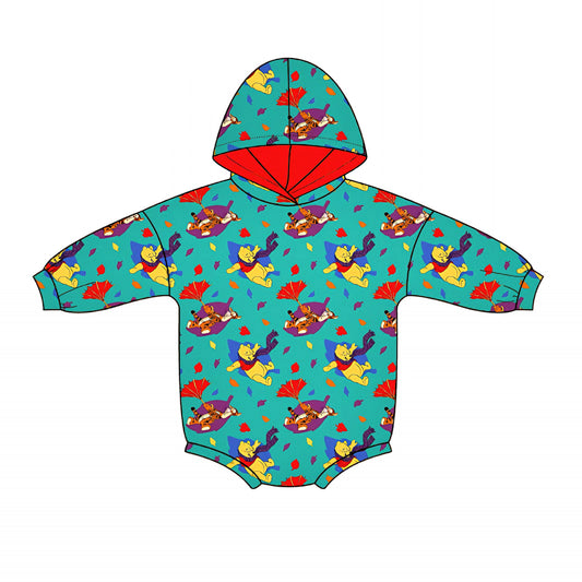 Colorful baby bamboo hooded romper with a pattern on a white background