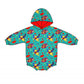Colorful baby bamboo hooded romper with a pattern on a white background