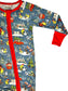 Children's pajama set with winter scene print and red trim on a white background