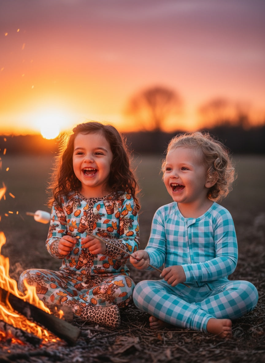 Two children sitting by a campfire at sunset