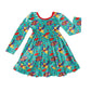 Children's dress with cartoon character pattern on a white background