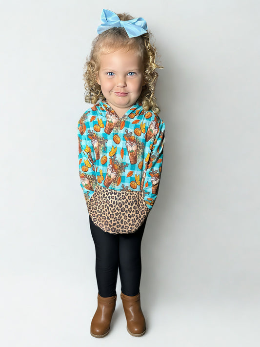 Blue plaid bamboo hoodie with fall designs and cheetah print
