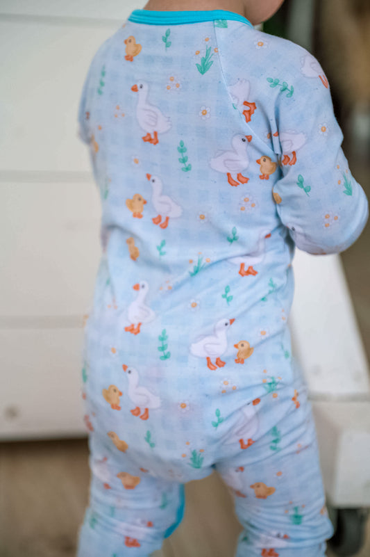 Little Duckling Bamboo Romper with duck print, double zipper, 95% viscose bamboo, temperature regulated.
