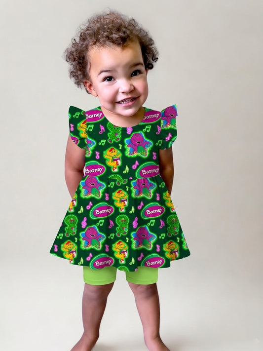Purple Dinosaur Bamboo Peplum Dress and Short Set (Pre Order with expected delivery August 2026)