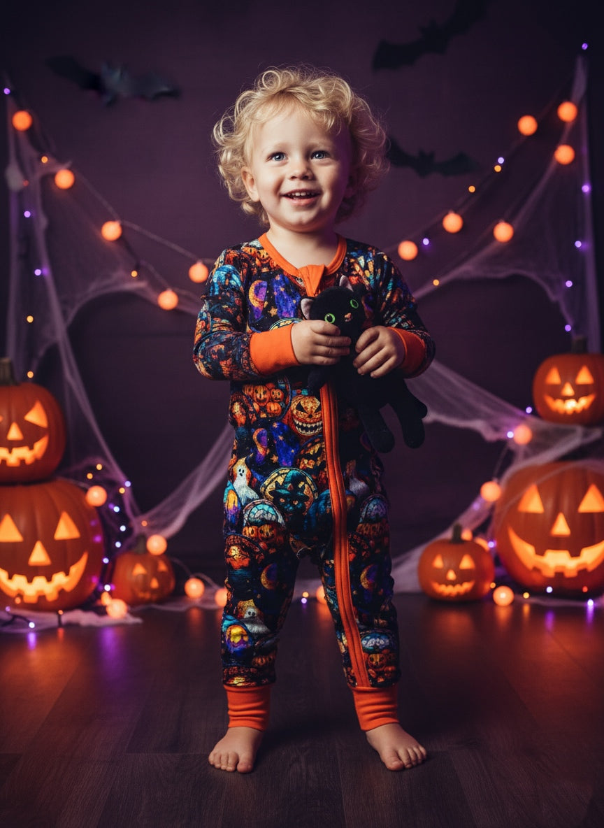 Child in Halloween-themed pajamas holding a teddy bear with pumpkins and decorations in the background.