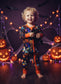 Child in Halloween-themed pajamas holding a teddy bear with pumpkins and decorations in the background.