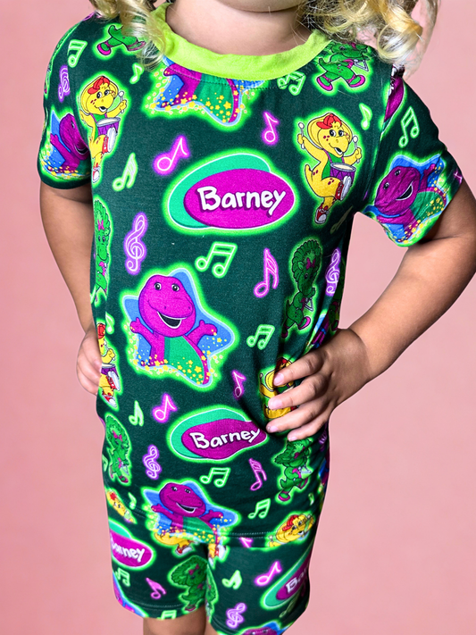Purple Dinosaur Bamboo Two Piece Short Sleeve and Shorts Pajama Set