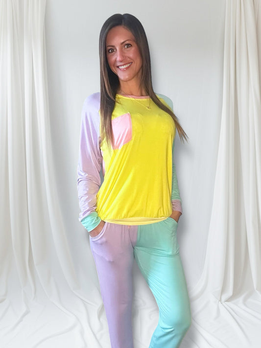 Color Block Yellow & Pink adult bamboo pullover and jogger set with drawstring and pockets, soft and stretchy fabric.