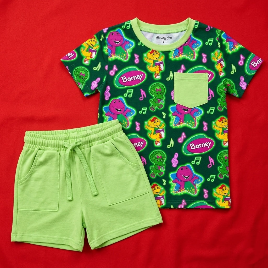 Purple Dinosaur Bamboo Pocket Tee and Shorts Set (Pre Order)