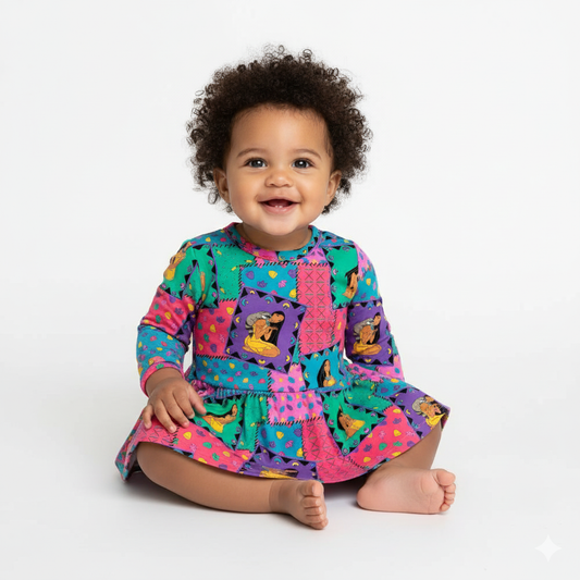Child wearing a colorful patterned dress on a white background