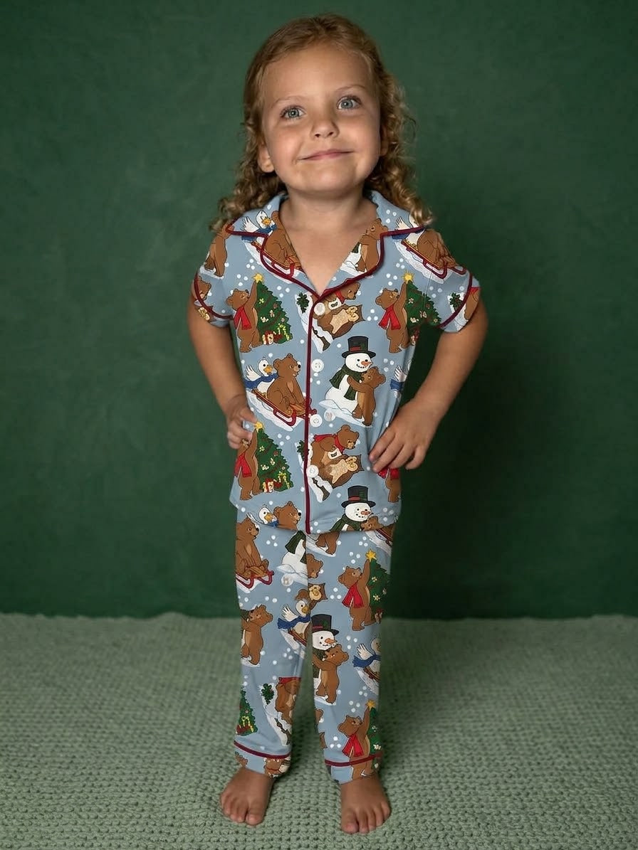 Beary Snow Day Toddler Bamboo Button Up Top and Bottoms Pajama Set (Pre Order with expected arrival end of November)